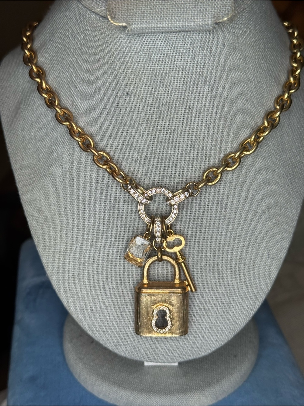 RJ Graziano Chain Link Necklace Padlock & Key Charm Pave Set Rhinestones